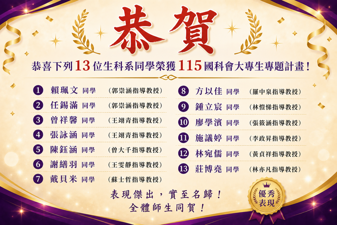 恭喜下列13位生科系同學榮獲115國科會大專生專題計畫!圖片